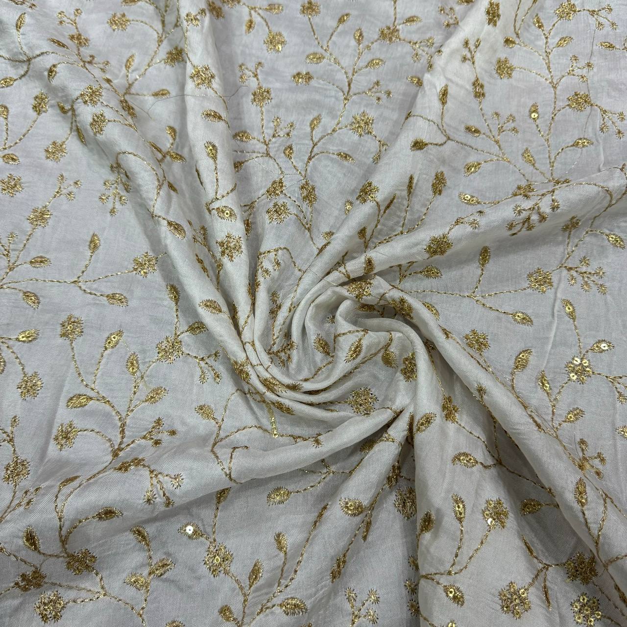 White Dyeable Floral Embroidered Viscose Dola Silk Fabric