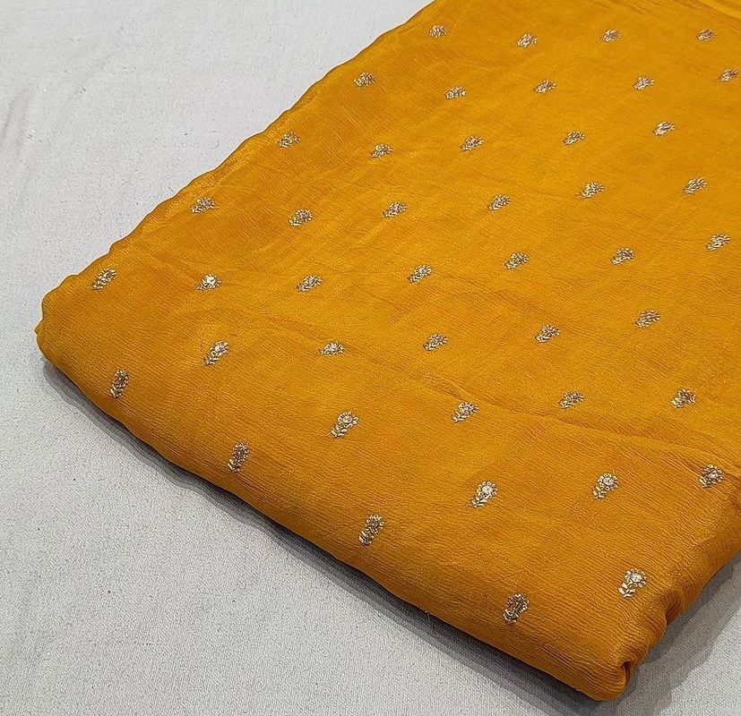 Yellowish Orange Polka Butti Embroidered Viscose Chinon Chiffon Fabric