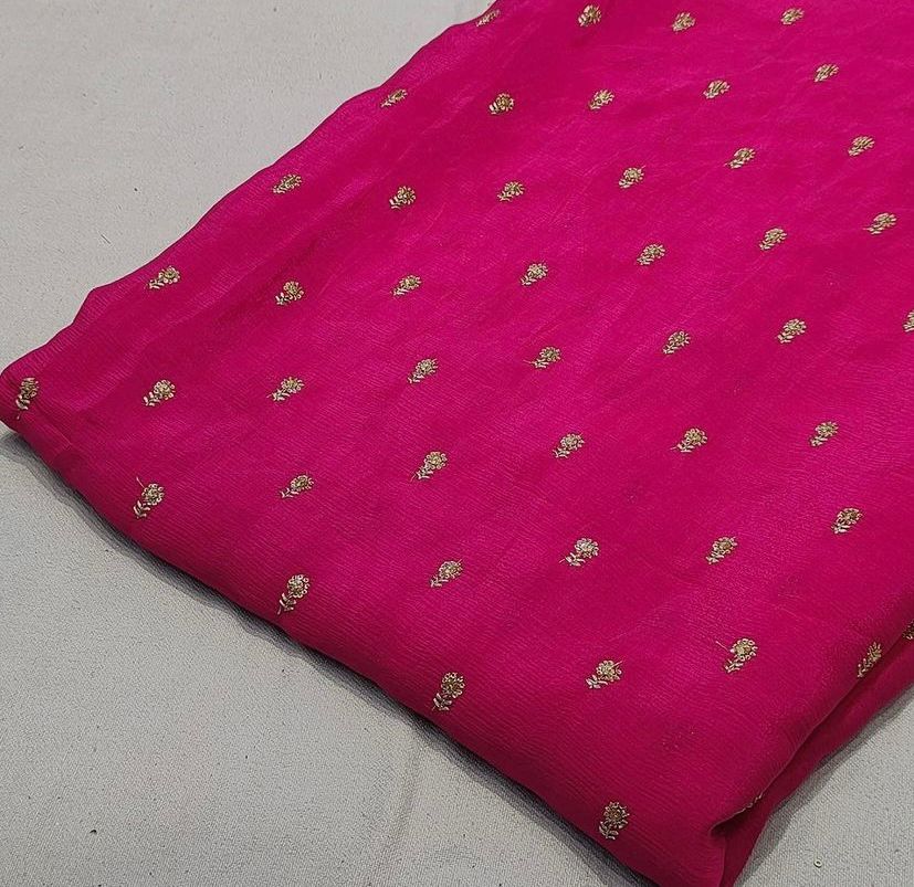 Hot Pink Flower Butti Embroidered Viscose Chinon Chiffon Fabric