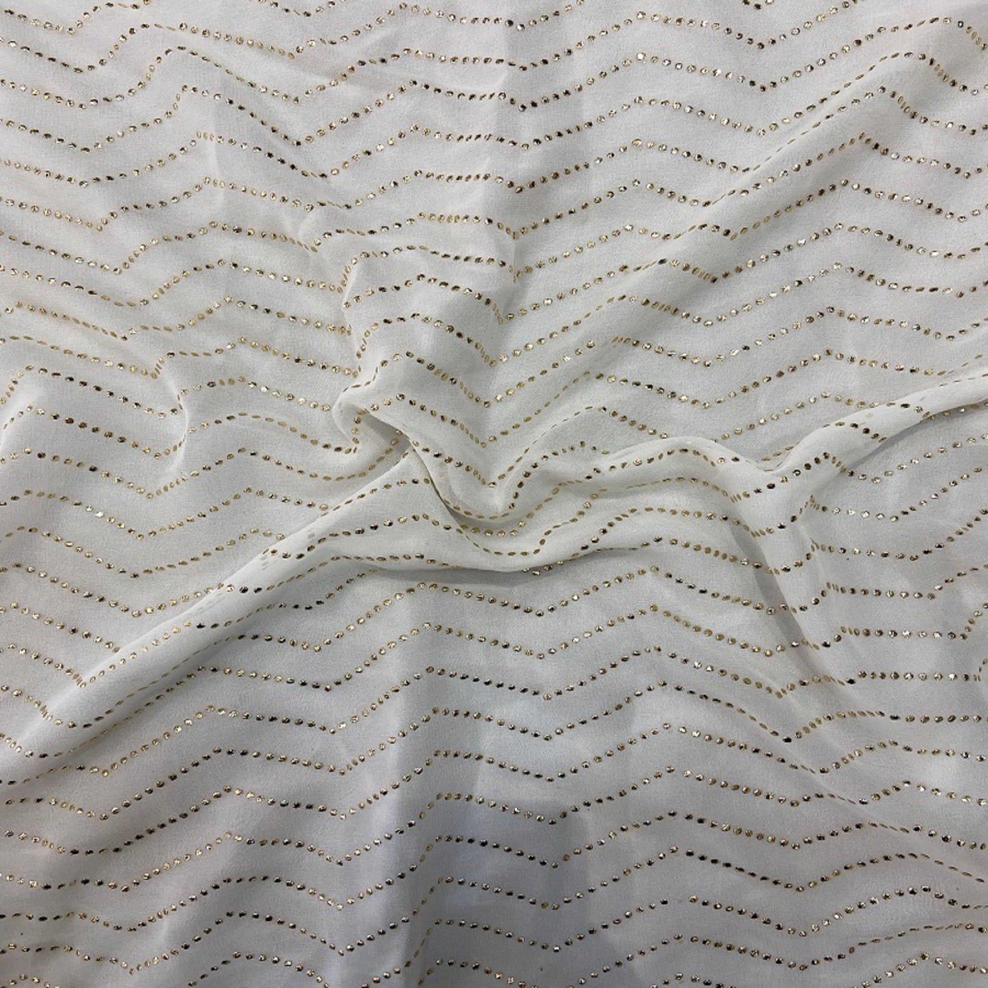 White Chevron Semi Mukaish Work Dyeable Pure Georgette Fabric