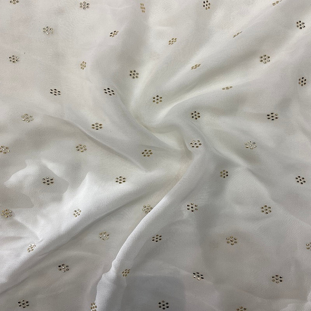 White Semi Mukaish Work Flower Butti Dyeable Pure Georgette Fabric