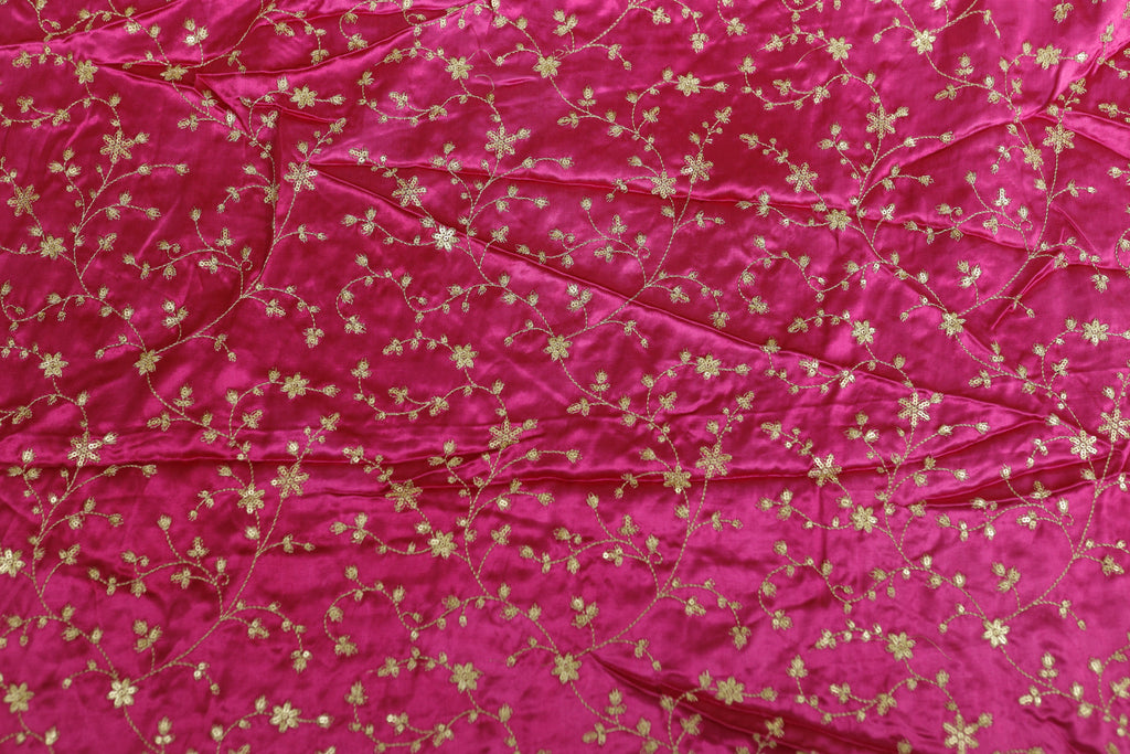 Hot Pink Floral Embroidered Viscose Gaji Silk Fabric