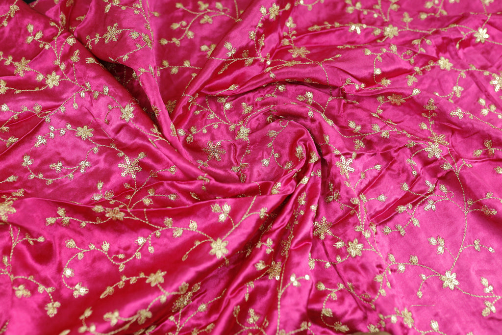 Hot Pink Floral Embroidered Viscose Gaji Silk Fabric