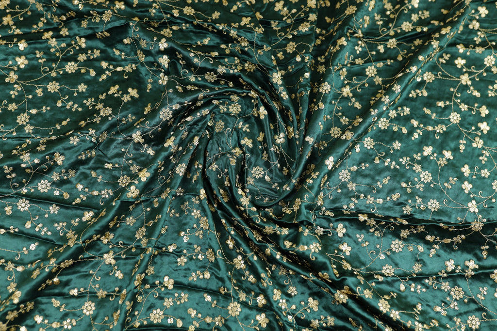 Bottle Green Floral Embroidered Viscose Gaji Silk Fabric