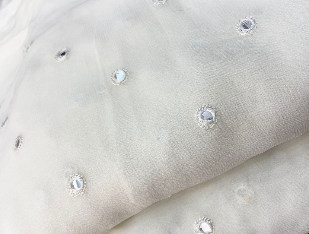 White Dyeable Mirror Work Embroidered Viscose Georgette Fabric