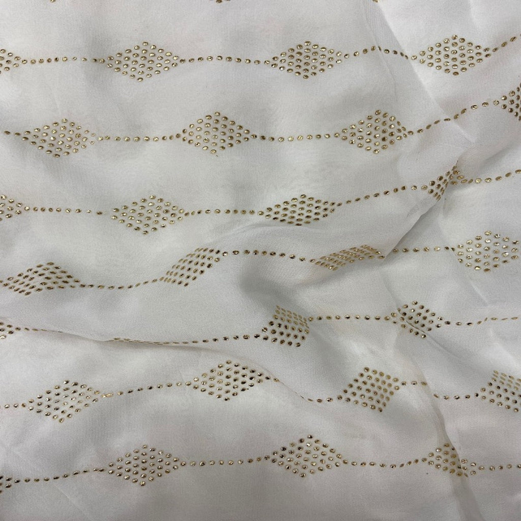 White Geometric Semi Mukaish Work Dyeable Pure Georgette Fabric