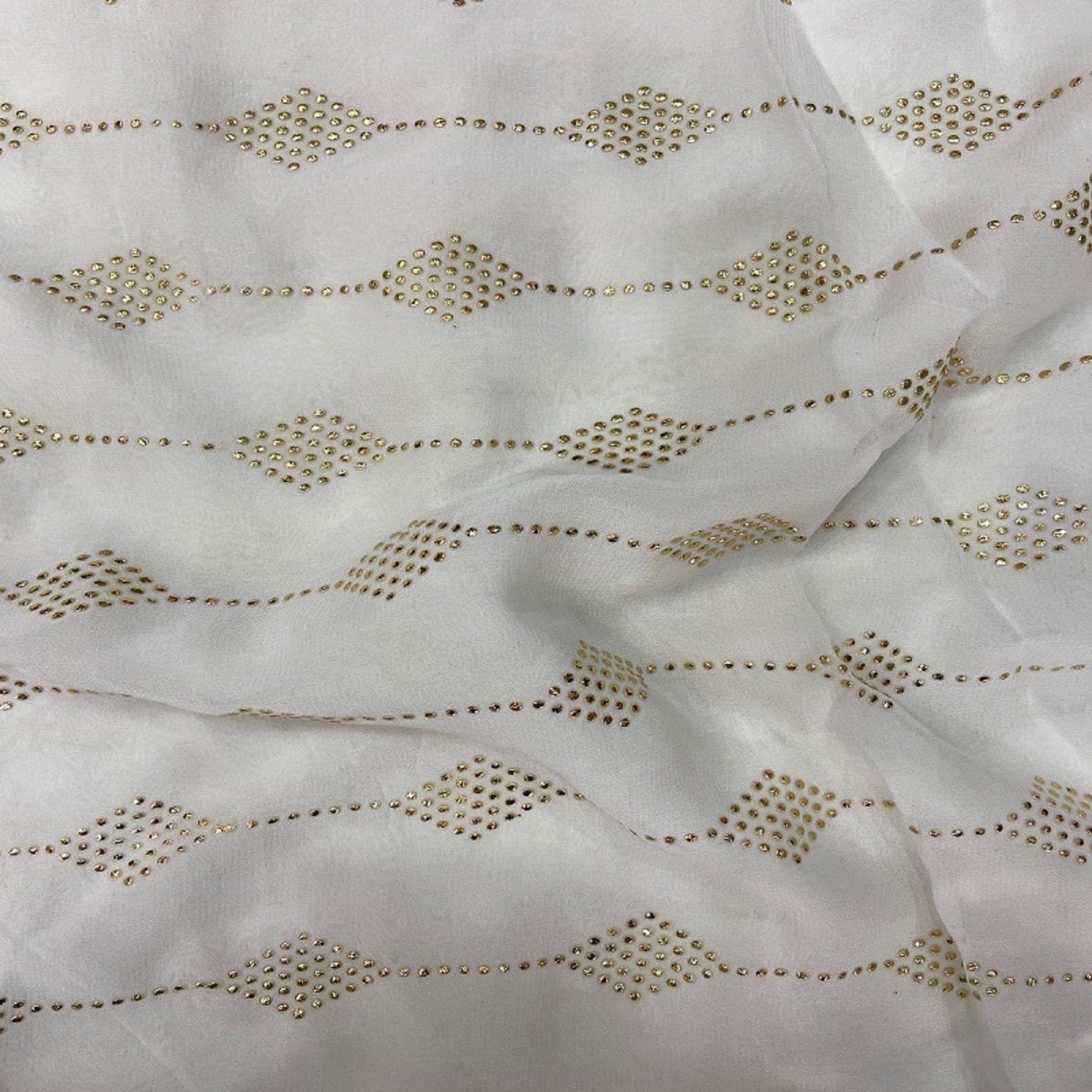 White Geometric Semi Mukaish Work Dyeable Pure Georgette Fabric