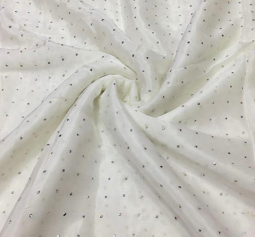 White Single Dot Semi Mukaish Work Dyeable Georgette Fabric