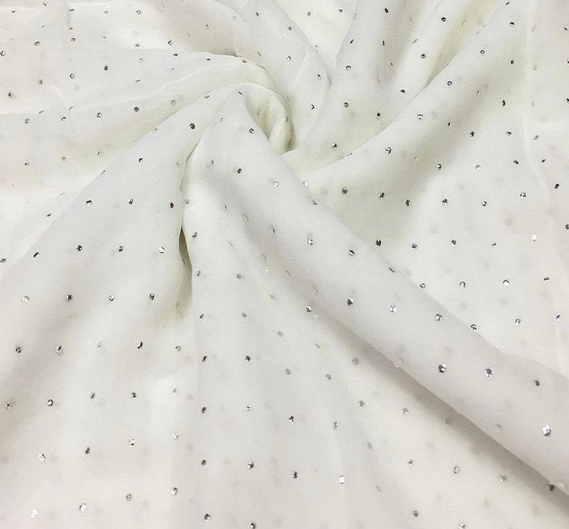White Single Dot Semi Mukaish Work Dyeable Georgette Fabric