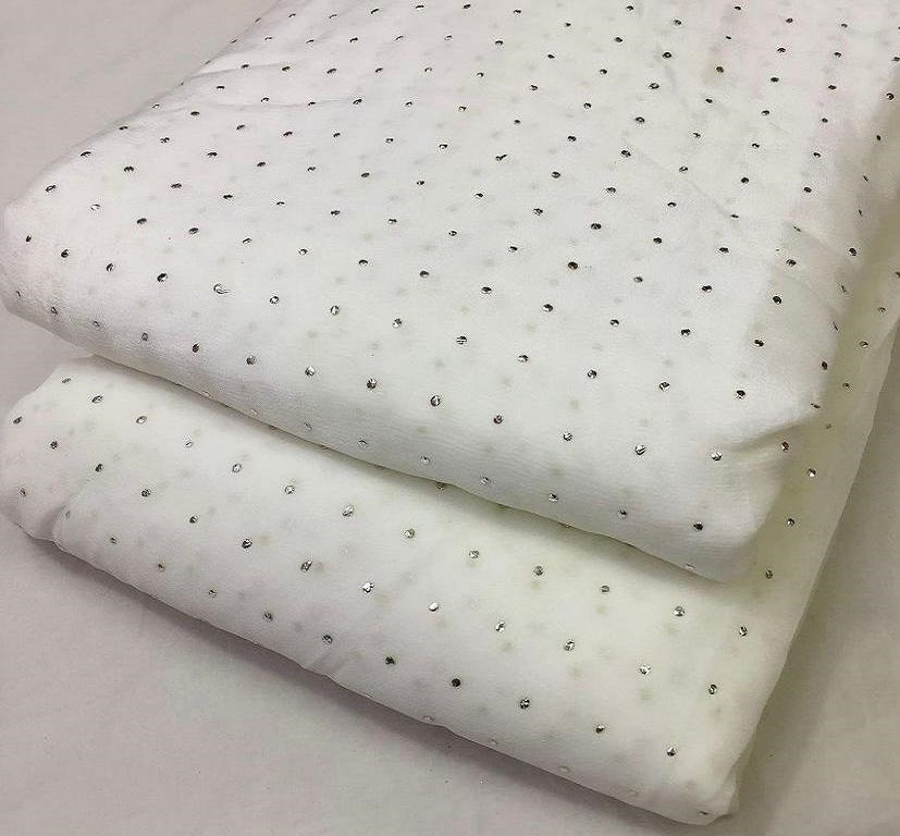 White Single Dot Semi Mukaish Work Dyeable Georgette Fabric