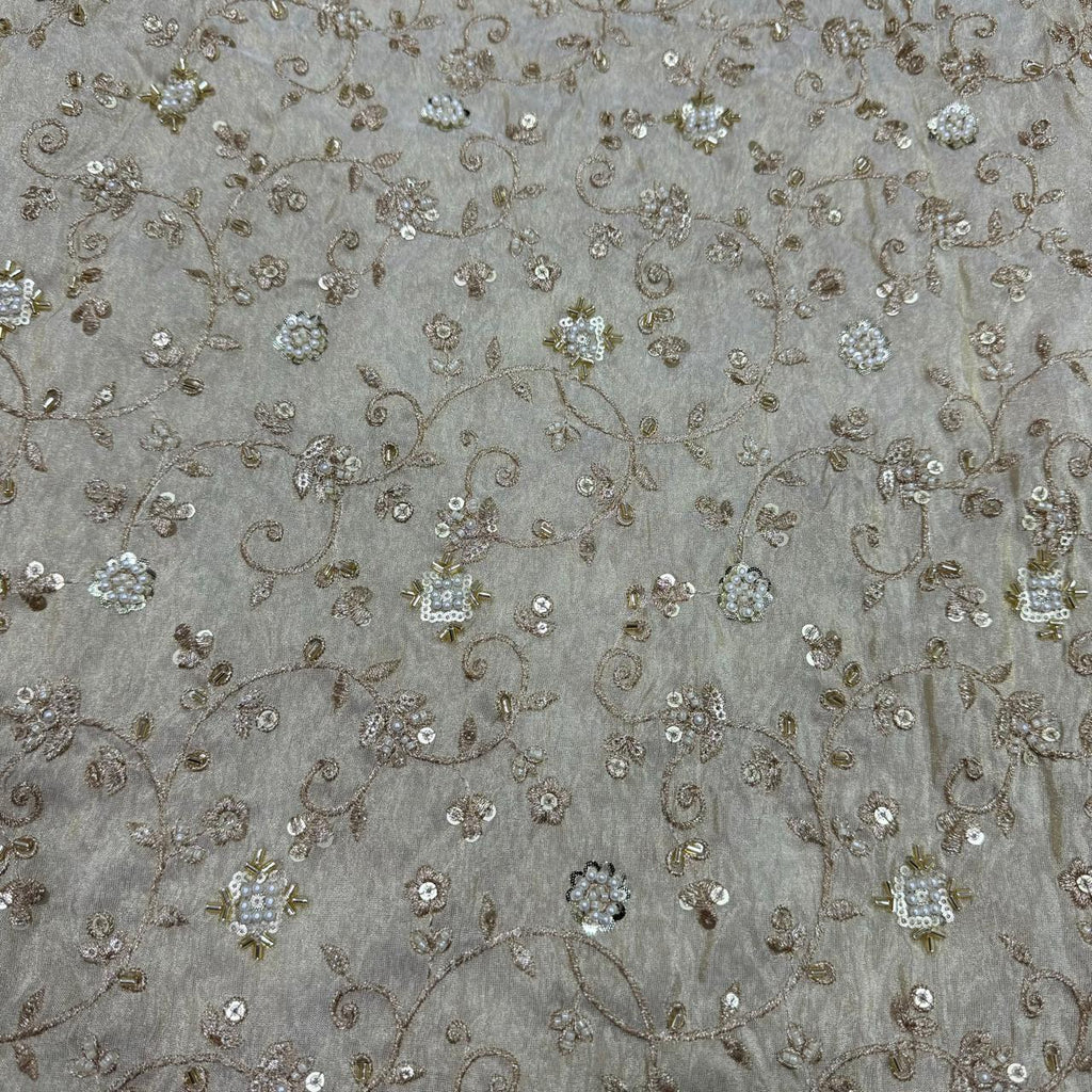 White & Golden Beads Floral Handwork Dyeable Embroidered Viscose Tissue Silk Fabric
