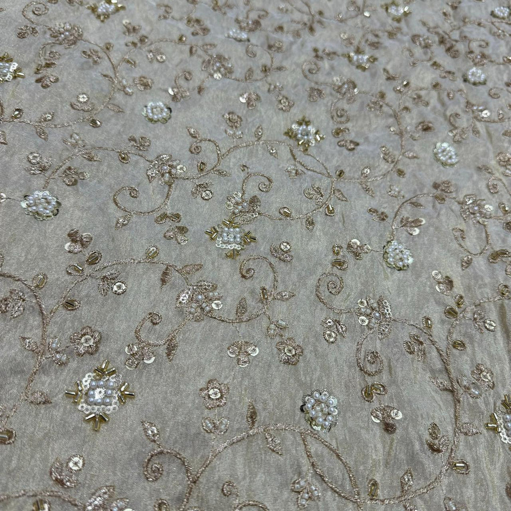 White & Golden Beads Floral Handwork Dyeable Embroidered Viscose Tissue Silk Fabric