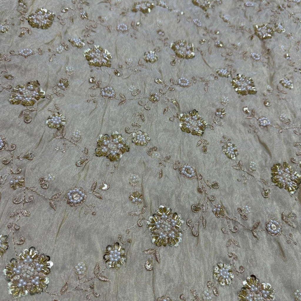 White & Golden Beads Floral Handwork Dyeable Embroidered Viscose Tissue Silk Fabric