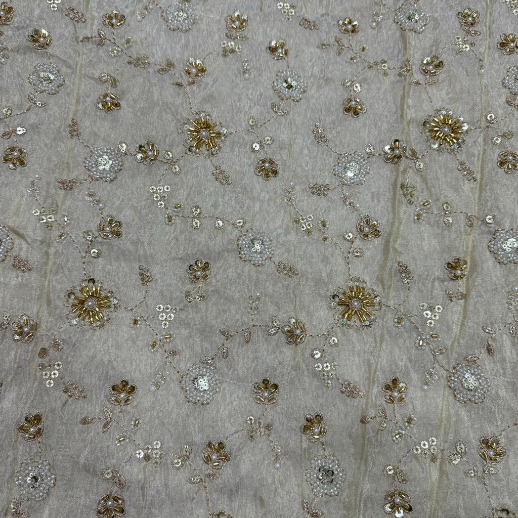 White & Golden Beads Floral Handwork Dyeable Embroidered Viscose Tissue Silk Fabric