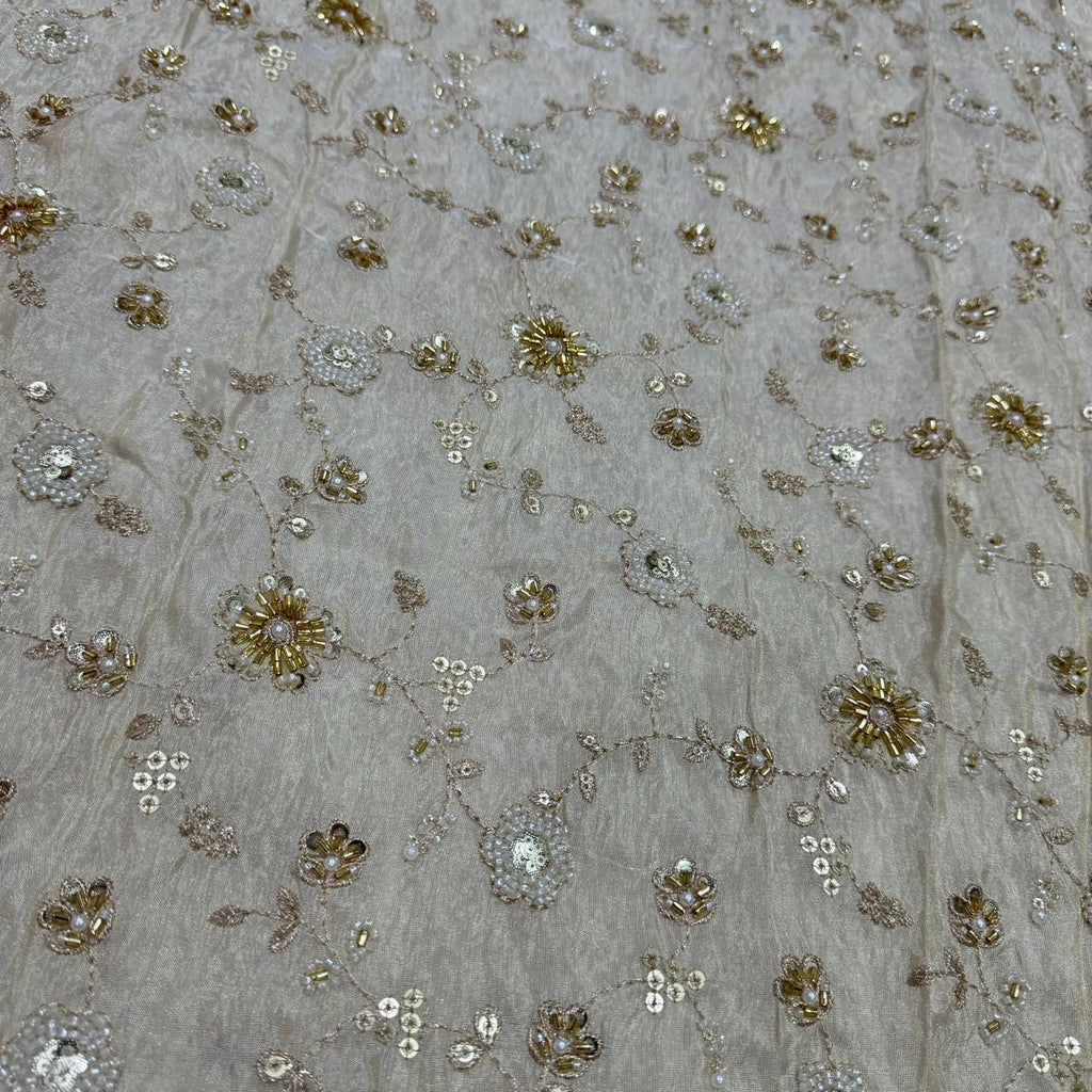 White & Golden Beads Floral Handwork Dyeable Embroidered Viscose Tissue Silk Fabric