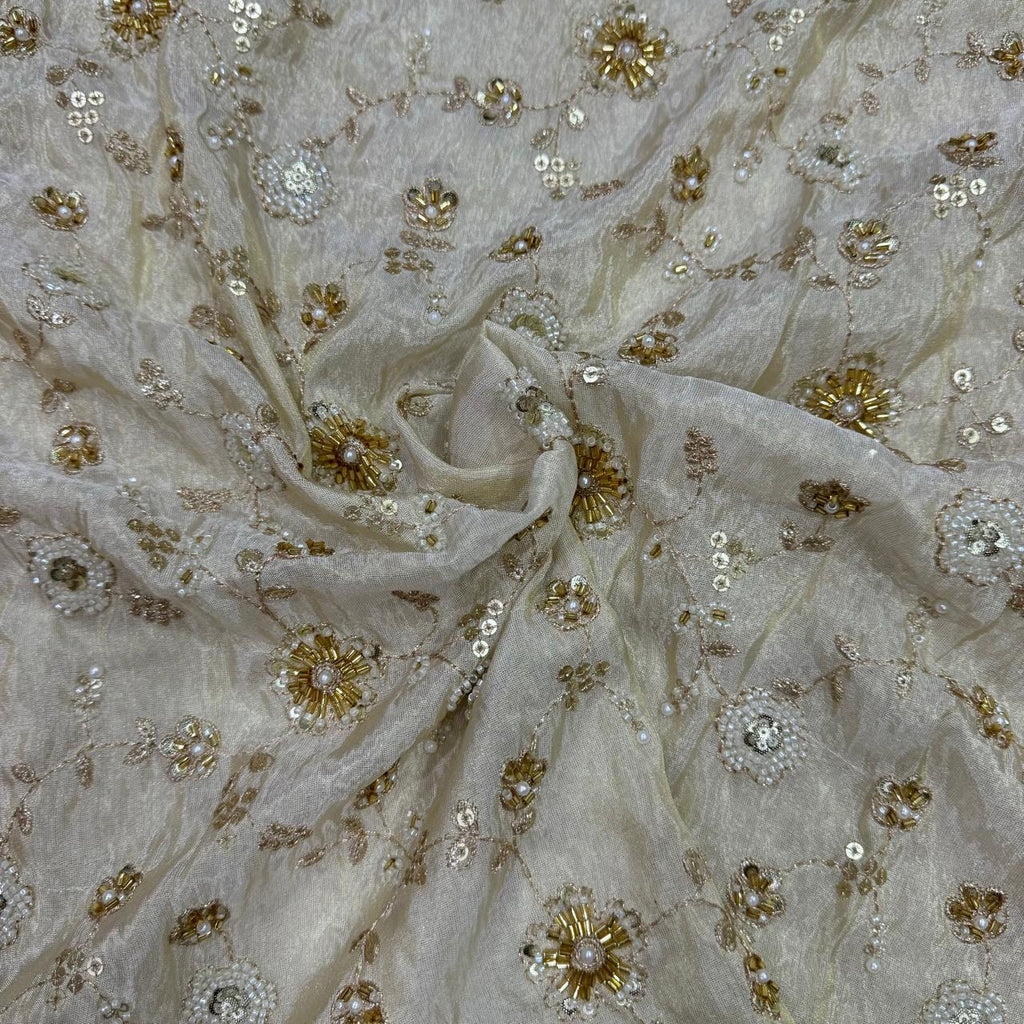 White & Golden Beads Floral Handwork Dyeable Embroidered Viscose Tissue Silk Fabric