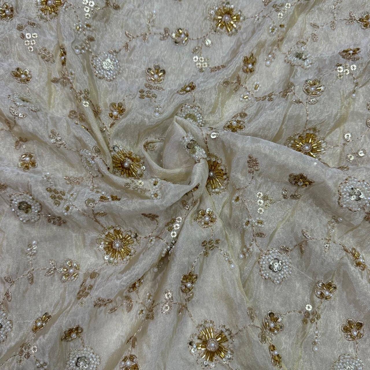 White & Golden Beads Floral Handwork Dyeable Embroidered Viscose Tissue Silk Fabric