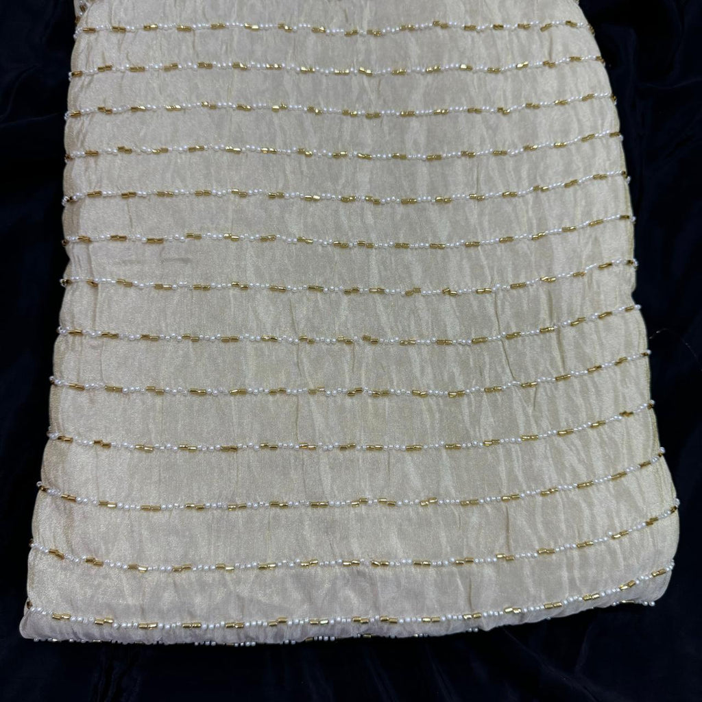 White & Golden Stripes Beads Handwork Dyeable Embroidered Viscose Tissue Silk Fabric