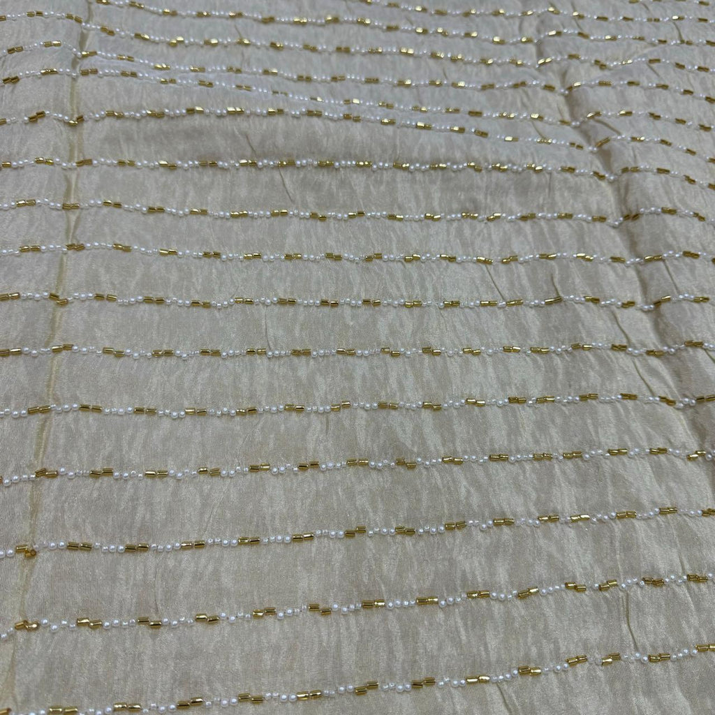 White & Golden Stripes Beads Handwork Dyeable Embroidered Viscose Tissue Silk Fabric