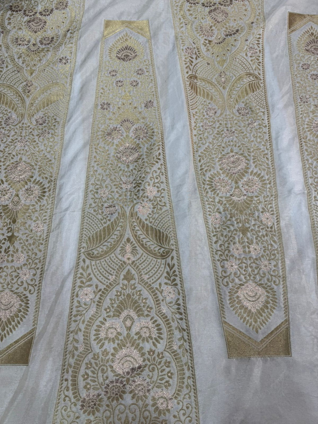 White & Golden Traditional Dyeable Banarasi Kali Nylon Silk Fabric