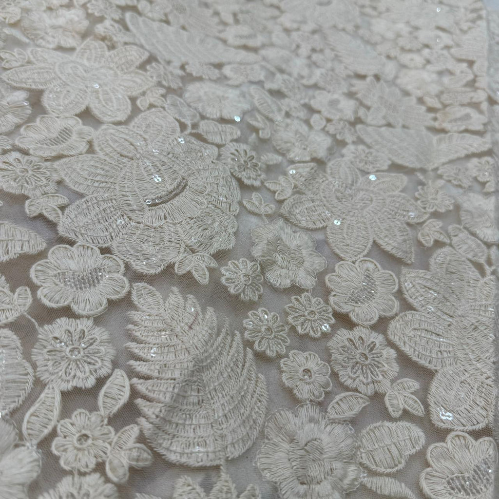 Off White Dyeable Floral Embroidered Net Fabric
