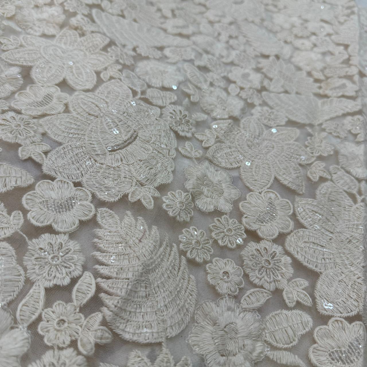 Off White Dyeable Floral Embroidered Net Fabric