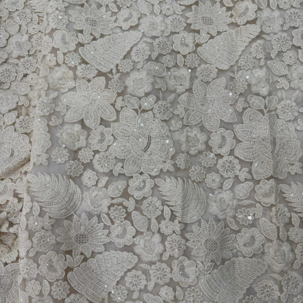 Off White Dyeable Floral Embroidered Net Fabric