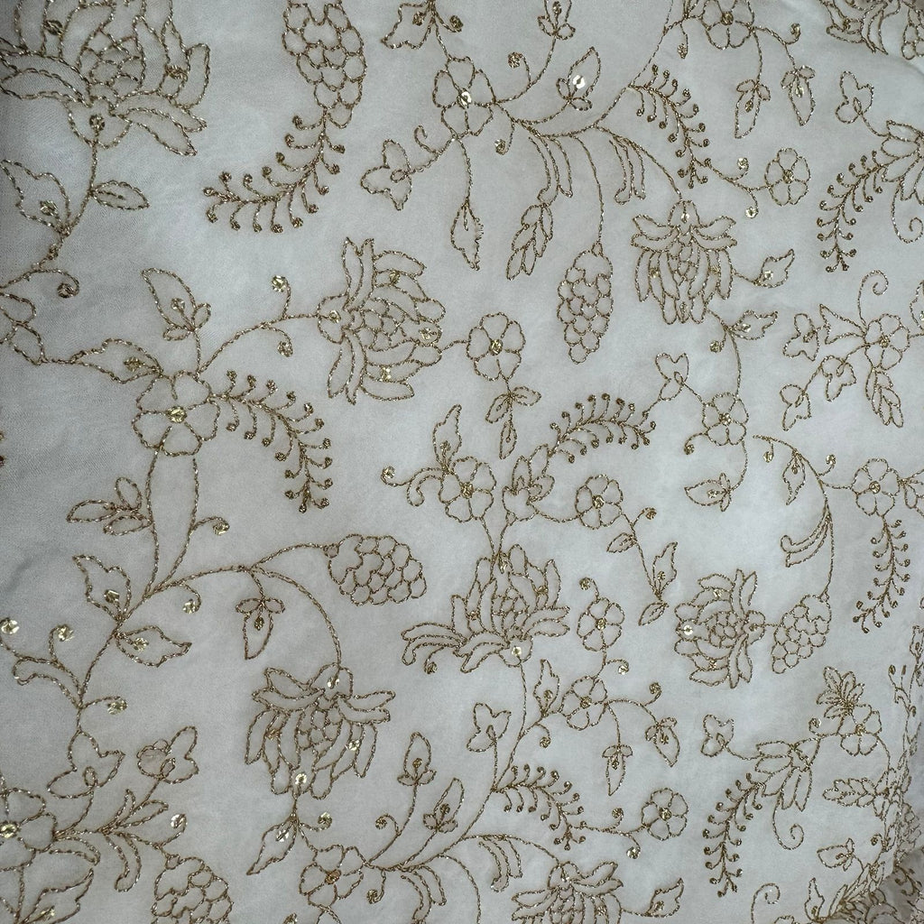 White Dyeable Floral Sequins Embroidered Viscose Organza Fabric