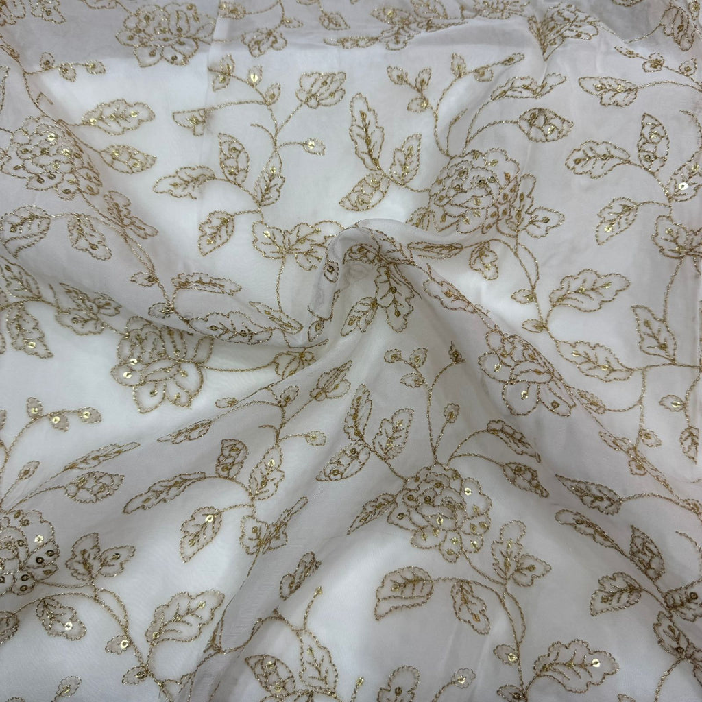 White Dyeable Floral Sequins Embroidered Viscose Organza Fabric