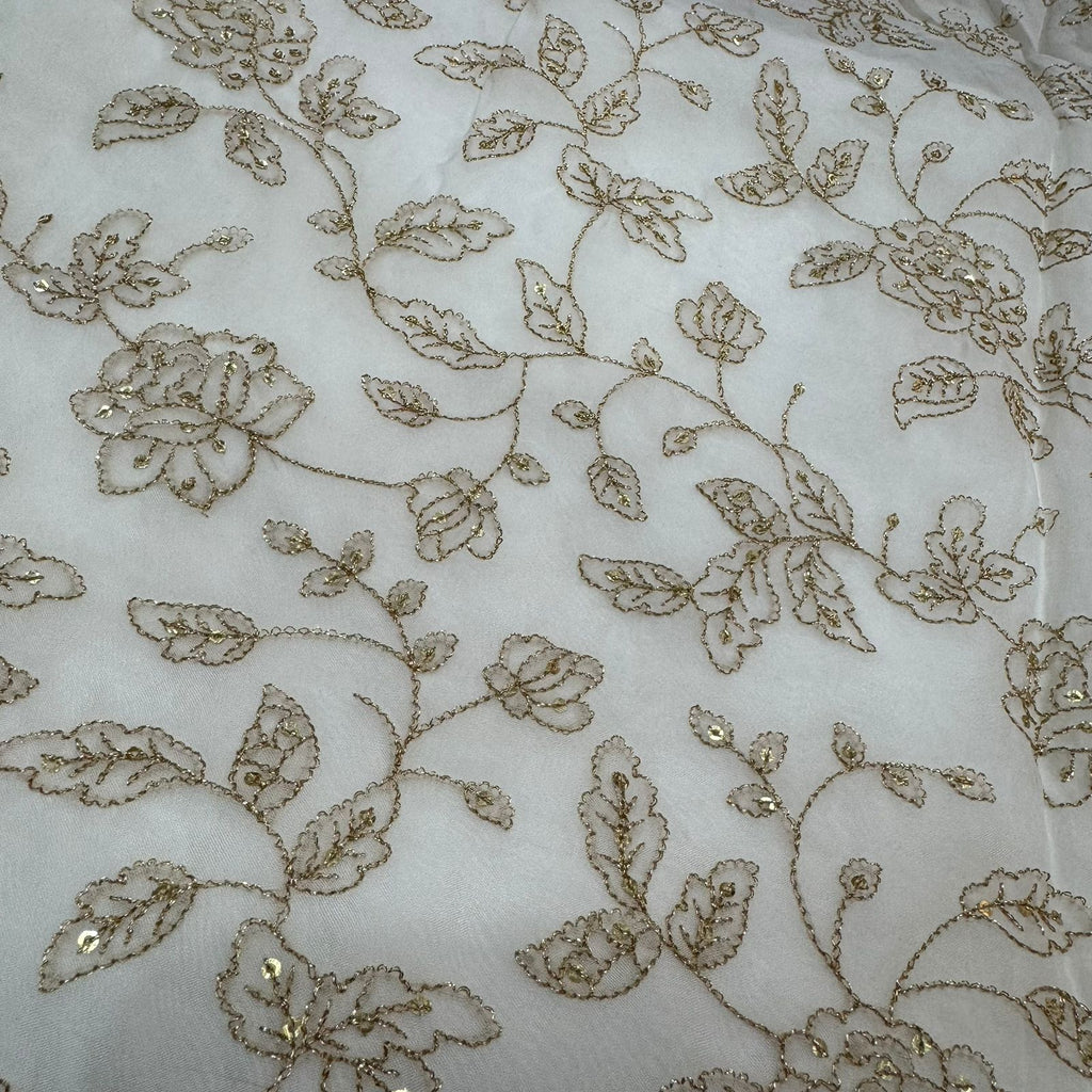 White Dyeable Floral Sequins Embroidered Viscose Organza Fabric