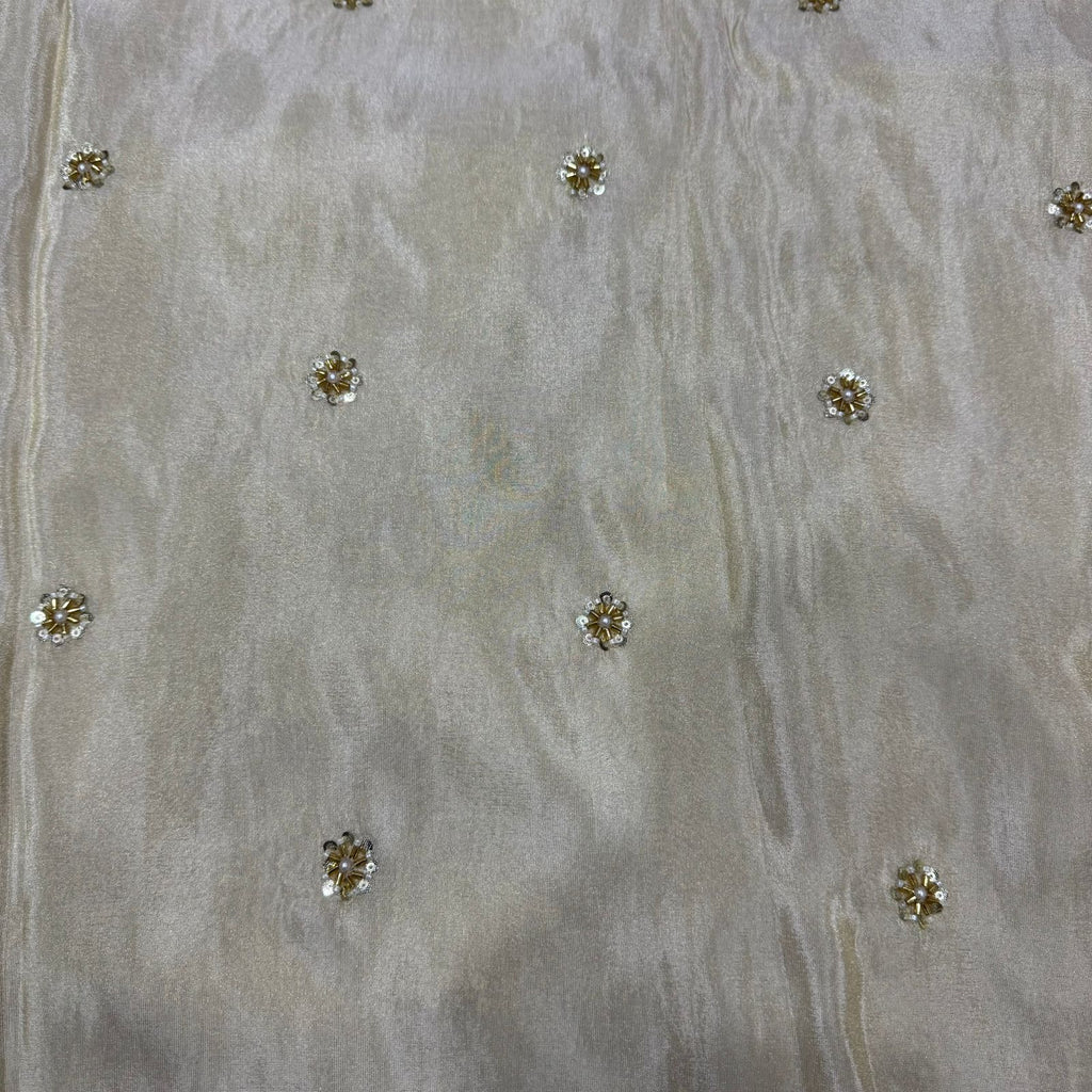 White & Golden Flower Beads Butti Handwork Embroidered Dyeable Viscose Tissue Silk Fabric