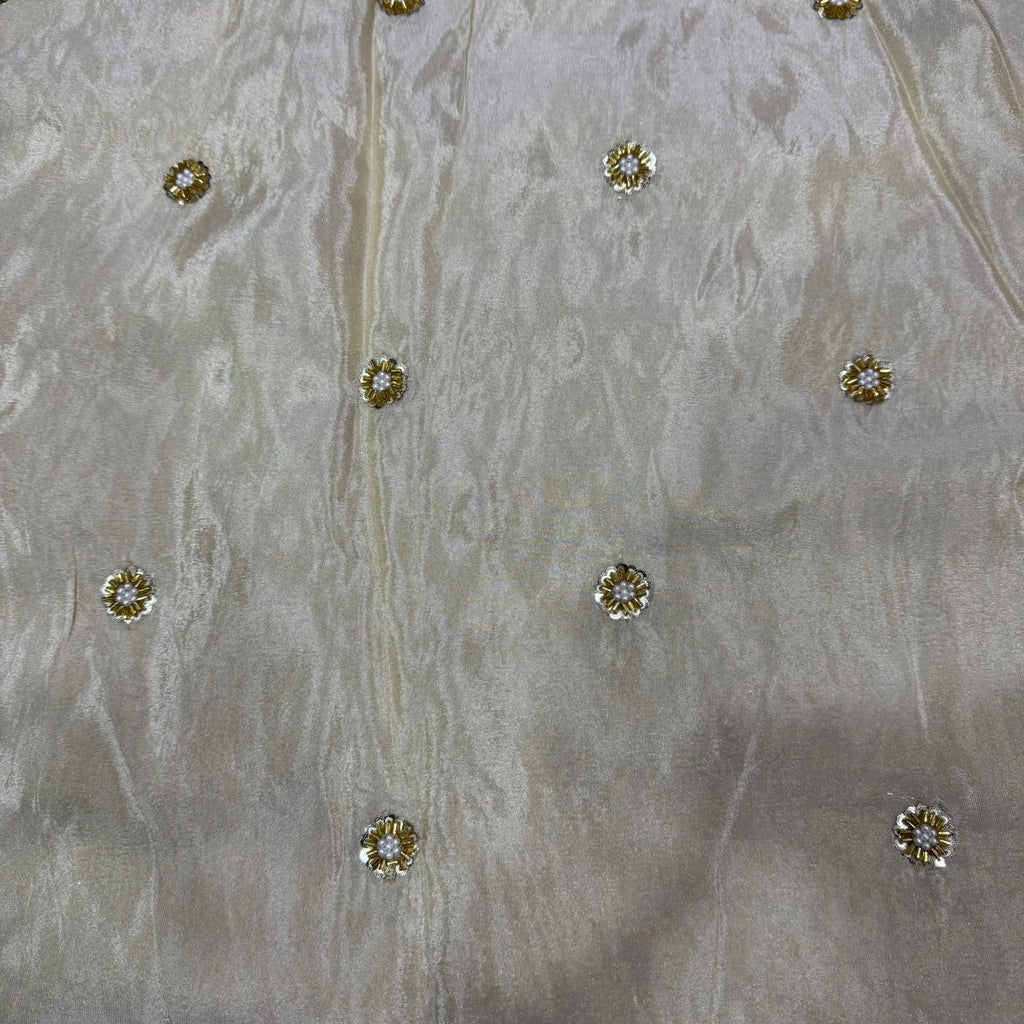 White & Golden Flower Beads Butti Handwork Dyeable Embroidered Viscose Tissue Silk Fabric