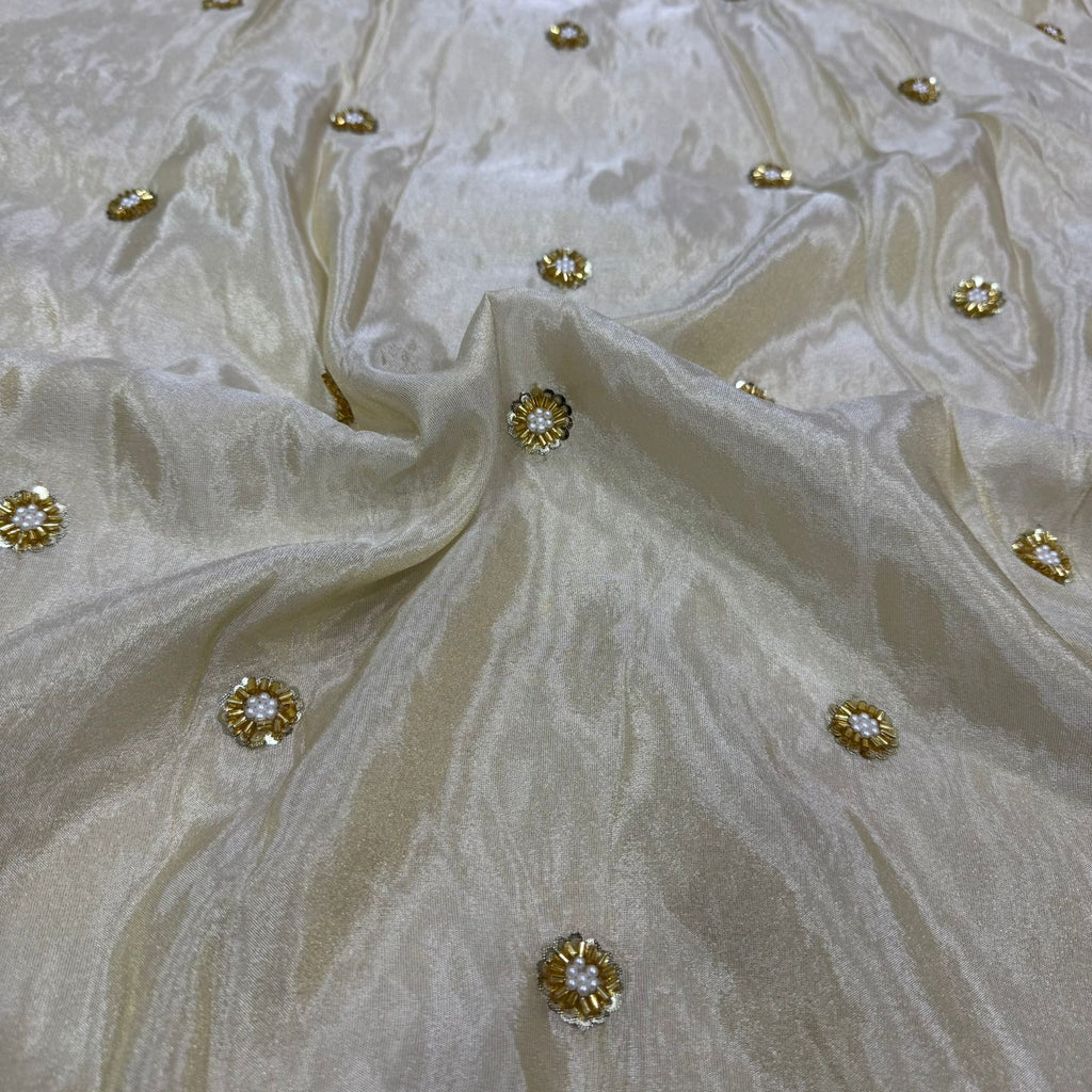 White & Golden Flower Beads Butti Handwork Dyeable Embroidered Viscose Tissue Silk Fabric