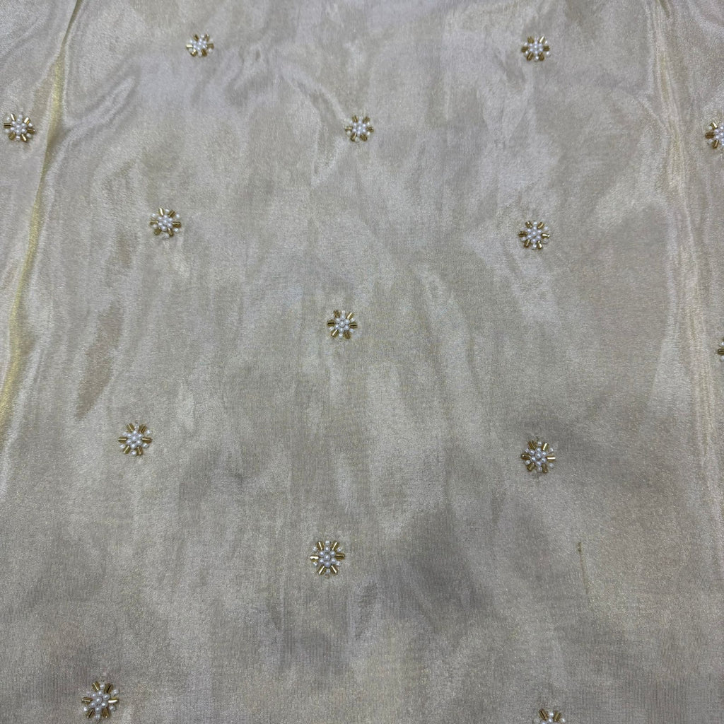 White & Golden Beads Flower Butti Handwork Dyeable Embroidered Viscose Tissue Silk Fabric