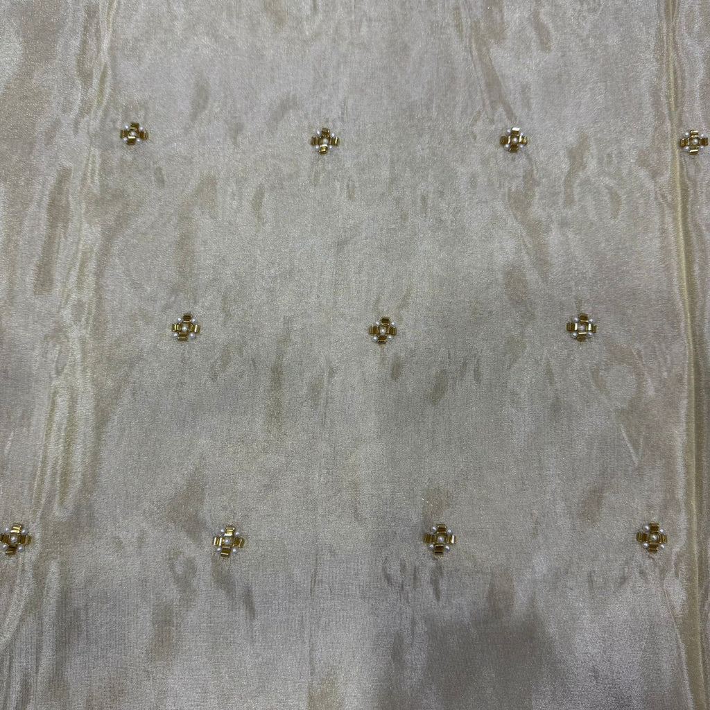 White & Golden Beads Butti Handwork Dyeable Embroidered Viscose Tissue Silk Fabric