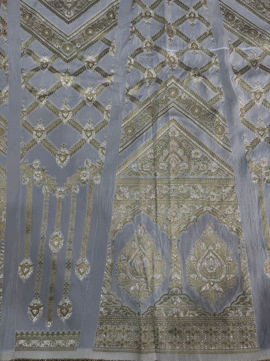 White & Golden Traditional Dyeable Banarasi Kali Russian Silk Fabric