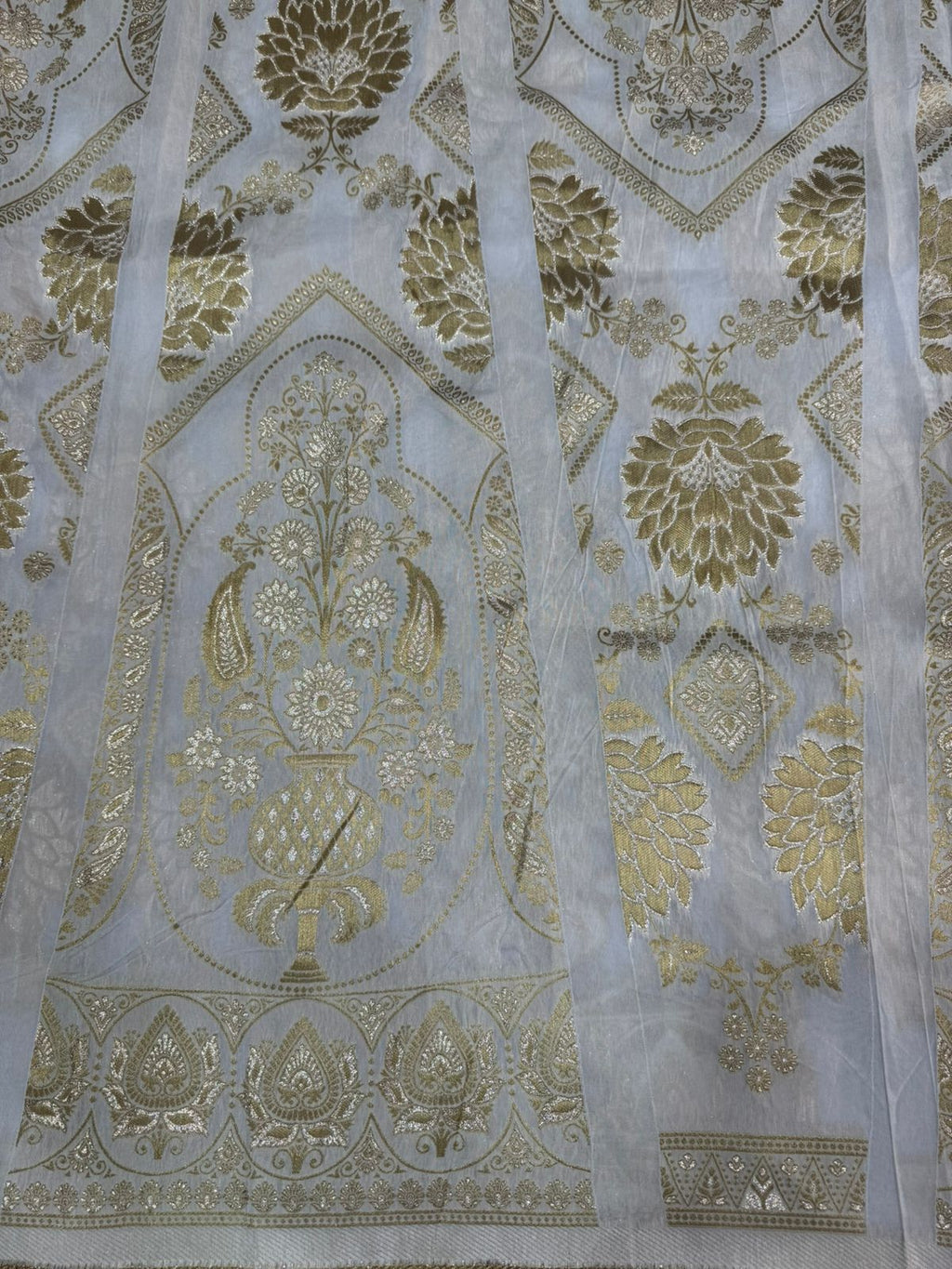White & Golden Traditional Dyeable Banarasi Kali Russian Silk Fabric