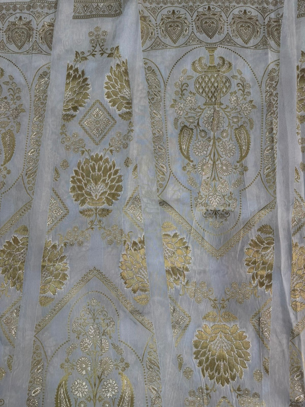 White & Golden Traditional Dyeable Banarasi Kali Russian Silk Fabric