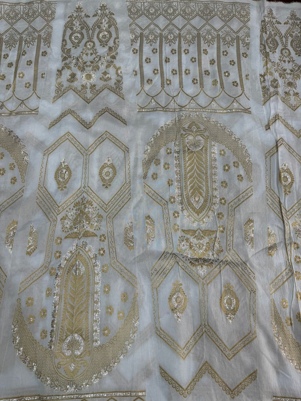 White & Golden Traditional Dyeable Banarasi Kali Russian Silk Fabric