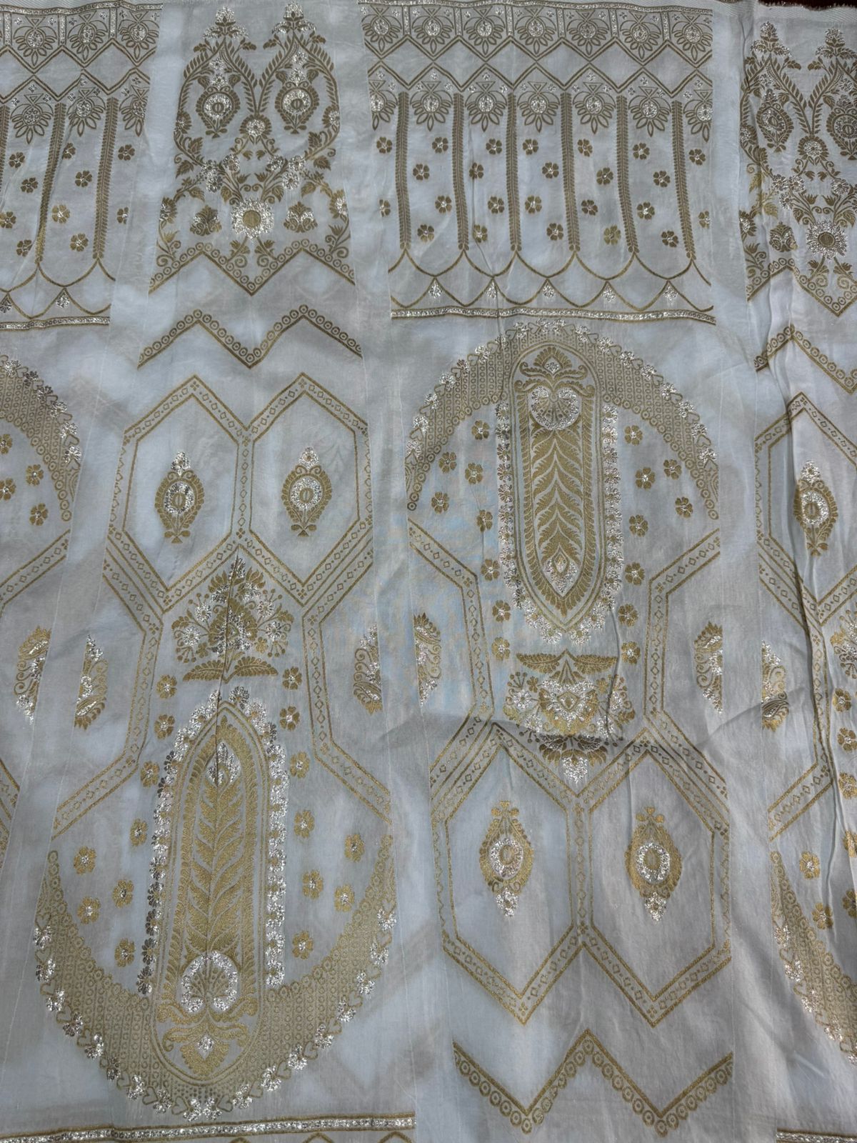 White & Golden Traditional Dyeable Banarasi Kali Russian Silk Fabric