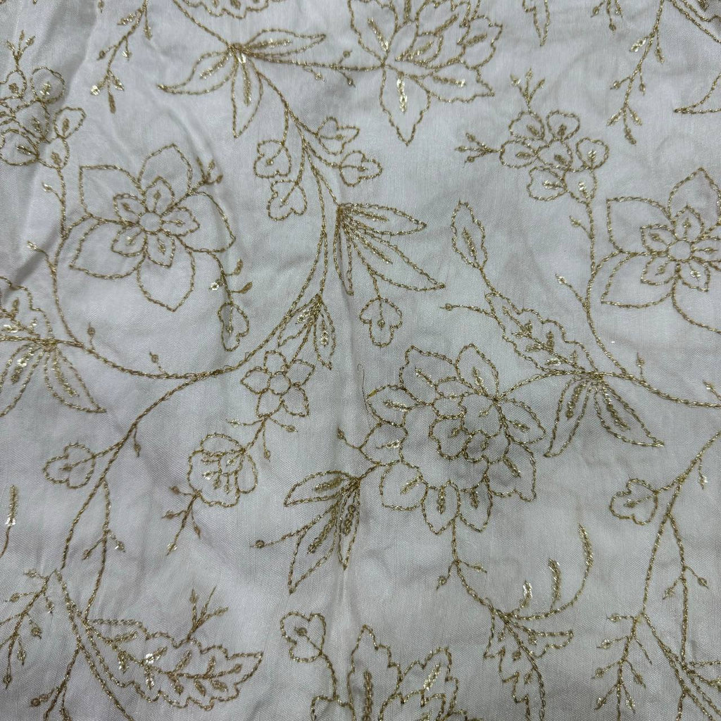White Dyeable Floral Embroidered Viscose Dola Silk Fabric