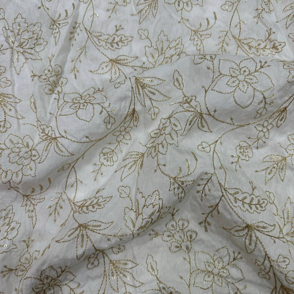 White Dyeable Floral Embroidered Viscose Dola Silk Fabric