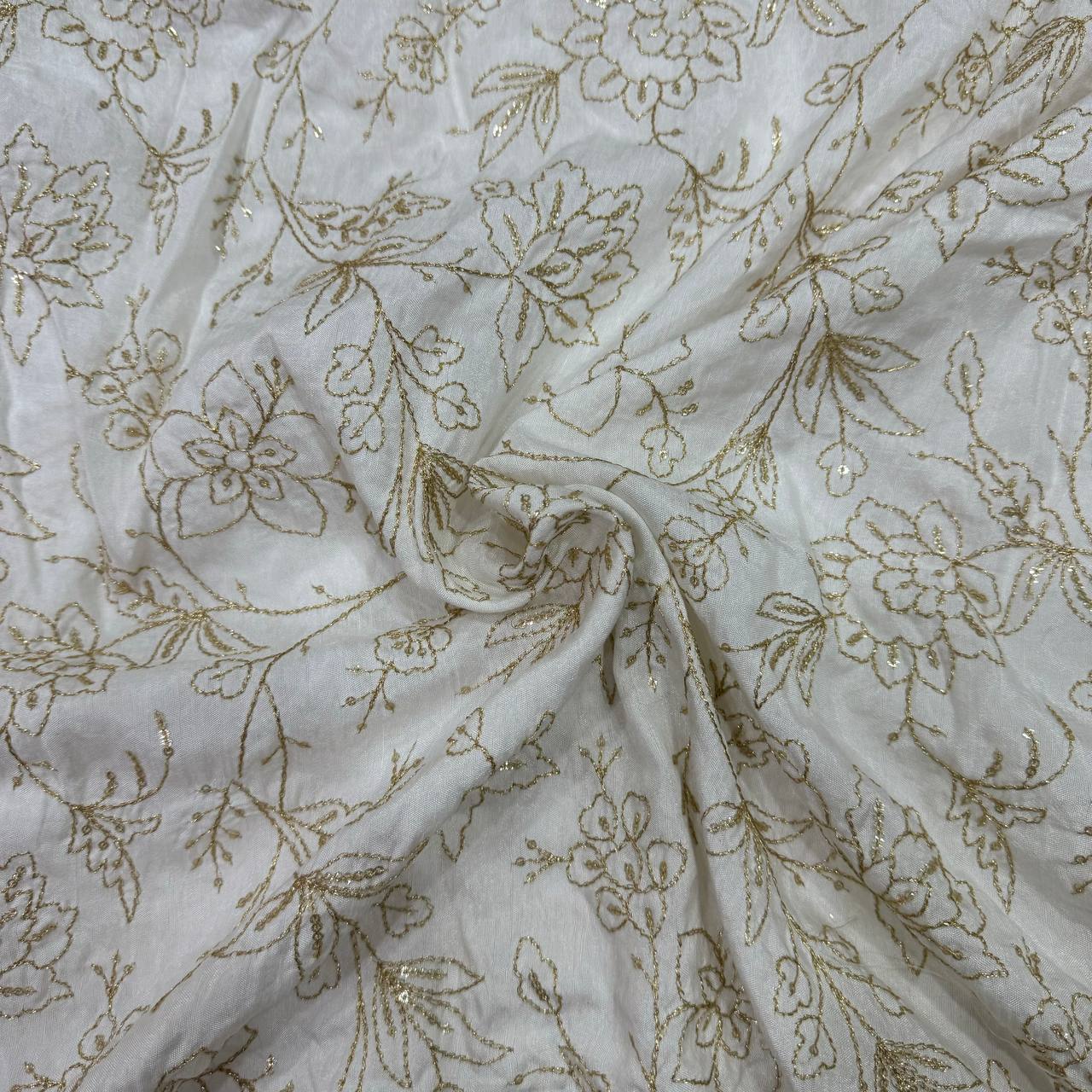 White Dyeable Floral Embroidered Viscose Dola Silk Fabric