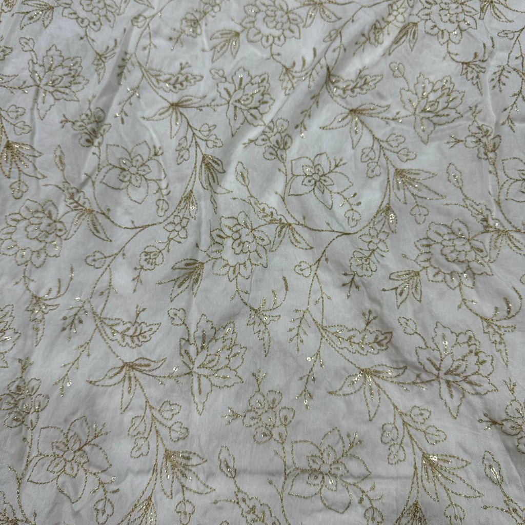 White Dyeable Floral Embroidered Viscose Dola Silk Fabric