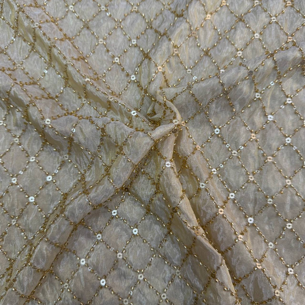 White & Golden Beads Geometric Handwork Dyeable Embroidered Viscose Tissue Silk Fabric