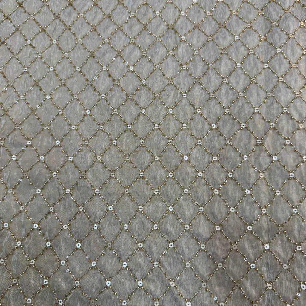 White & Golden Beads Geometric Handwork Dyeable Embroidered Viscose Tissue Silk Fabric