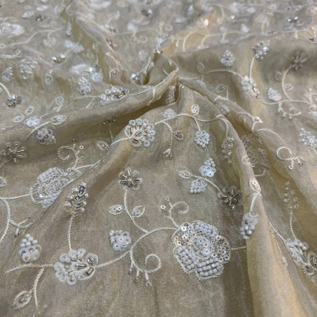 White & Golden Beads Floral Handwork Dyeable Embroidered Viscose Tissue Silk Fabric