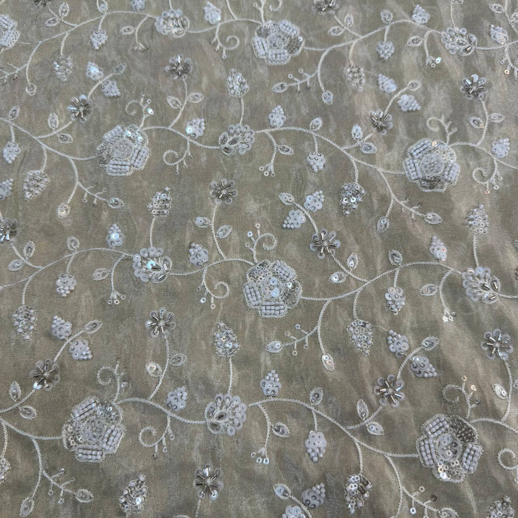 White & Golden Beads Floral Handwork Dyeable Embroidered Viscose Tissue Silk Fabric