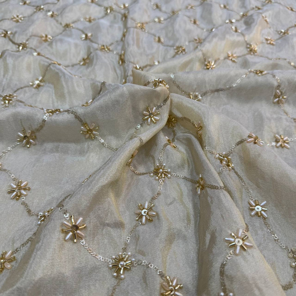 White & Golden Beads Geometric Handwork Dyeable Embroidered Viscose Tissue Silk Fabric