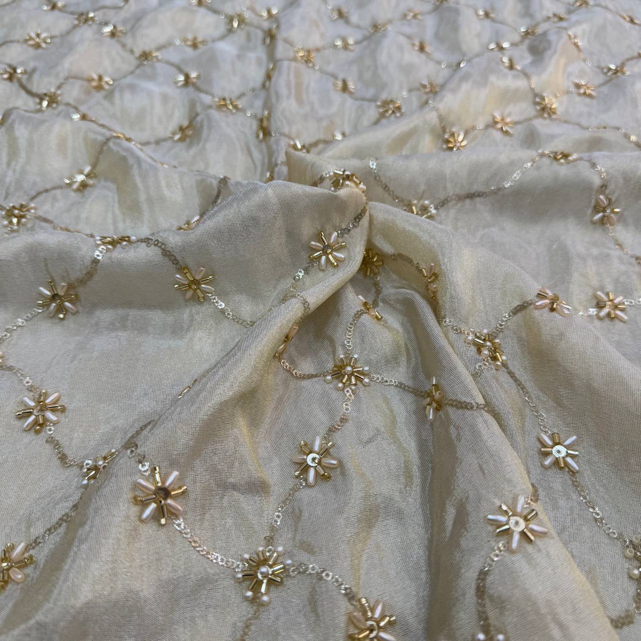 White & Golden Beads Geometric Handwork Dyeable Embroidered Viscose Tissue Silk Fabric